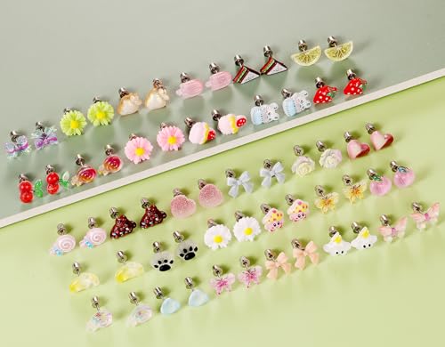 Image of 30 Pairs Mini Screwback Earrings for Girls, Kids & Family - Flat Back Acrylic Earring with Stainless Steel Posts | Assorted Cute Charms | Secure Fit for Daily Wear & Parties