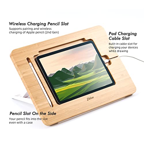 Image of ELETIUO Adjustable Tablet Stand with Pencil&Charger Cable Slot,Upgraded Bamboo Wooden Desk Stand with Multiple Angles,Organizer Desktop Holder for Drawing (Support to 9.7-11 inch Devices)