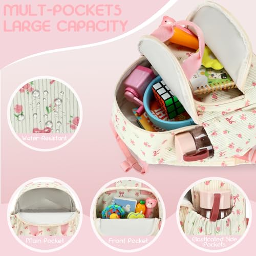 Image of Bluboon Toddler Backpack for Girls Boys 2-4 Cute 12 inch Preschool Kindergarten Backpacks Kids Daycare Bags School Travel (Pink bow flower 212-Beige, Age 2-4 (12 inch H not Fit A4 Folder))
