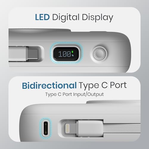 Image of Portronics Power Shutter 20000mAh 15W Magnetic Wireless Fast Charging Powerbank with in-Built Type C & 8 Pin Cable, 22.5W Type C PD Output, Type C Bidirectional Port, LED Display (White)