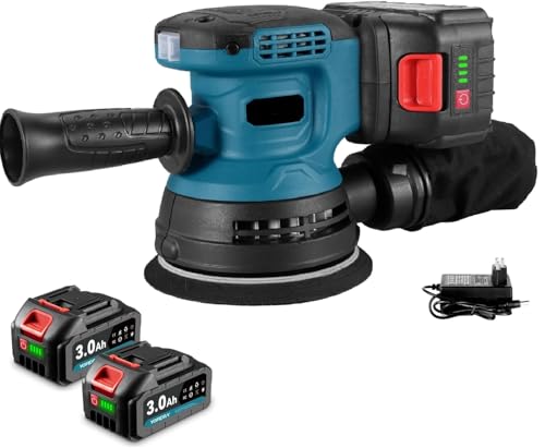 Lucidatrice a batteria - lucidatrice per legno, motore senza spazzole, 500w, levigatrice rotorbitale per legno, con 2 batteria al litio da 21V 2000mAh , 6 velocità variabile 10700RPM max, base 125mm