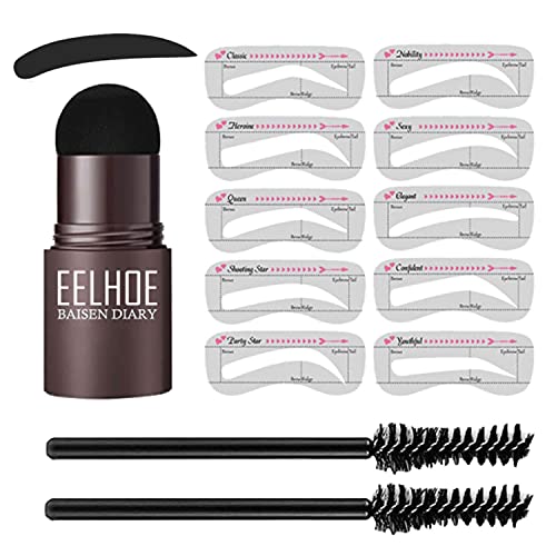One Step eyebrow stamp kit, Waterproof Eyebrow Powder Stamp with 10 Reusable Eyebrow Stencils and 2 Eyebrow Pen Brushes, The Brow Definer Makeup Tools (Dark Brown)