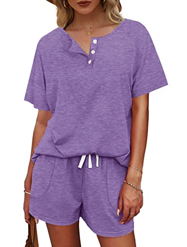 Image of WIHOLL Two Piece Outfits for Women Lounge Sets Button Down Top and Shorts Set Sweatsuits with Pockets
