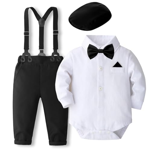 Image of SALNIER Baby Boy Suit Set Infant Formal Outfit Tuxedo | Soft Cotton Shirt Suspenders Pants Bow Tie Beret Hat 5pcs Set, For Wedding Baptism Birthday Party