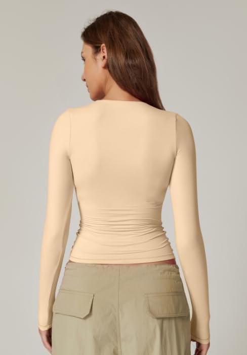 QINSEN Women's Sexy Square Neck Shirt Long Sleeve Double Lined Tees Fitted Going Out Tops - Image 2