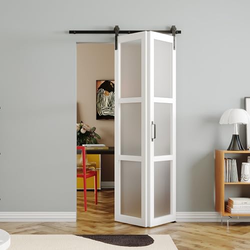 SOLRIG Bifold Barn Door 36'（18' x2） x 84', 3 Lites Tempered Frosted Glass Panel with Sliding Hardware Kit Set, Pre-drilled Closet Door Slab, 3.3FT Track for 2 Doors, MDF, White