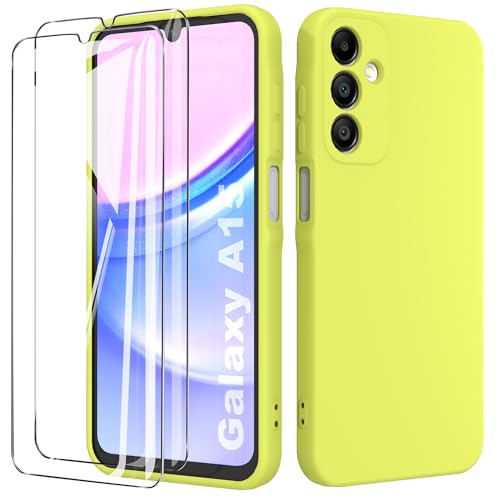 binandteam Funda para Samsung Galaxy A15 4G / 5G con 2 Protector de Pantalla,Ultra Slim Protectora Carcasa de Silicona Líquida TPU Anti-Choque Suave Case Cover - Amarillo