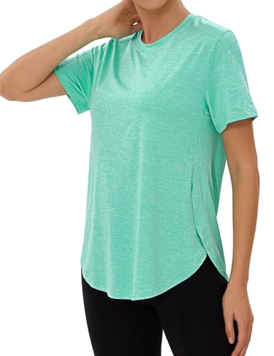 Wayleb Sportshirt Damen Kurzarm Rundhals Sommer Sport T-Shirts Sommer Leichtes Atmungsaktiv Laufshirt Fitness Gym Oberteile Frauen Longshirt Yoga Top mit Seitenschlitzen, Grün L