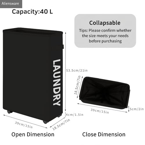 Image of Aliensware Laundry Basket Foldable with Wheels & Side Handle, Washing Clothes Storage Basket, Oxford Cloth Bin, Toy Storage Organizer,Movable Solution,Portable Laundry Bag,Collapsible Hamper-Black