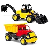 Dragon Drew Toy Backhoe and Dump Truck Construction Set for Kids and Toddlers | Set of 2