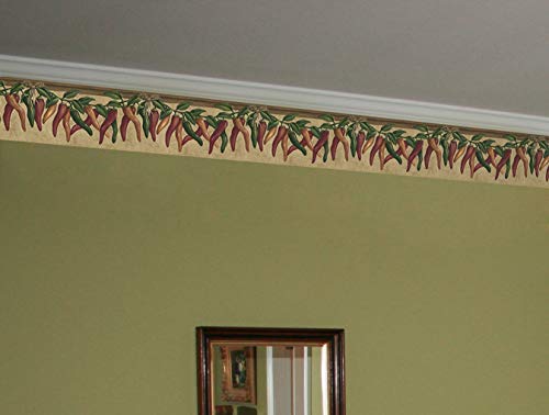 Wall Border - Red Green Brown Hot Peppers On Vine Olive Grey Wallpaper Border Retro Design, Prepasted Roll 15 Ft. X 7 In. #TOP1