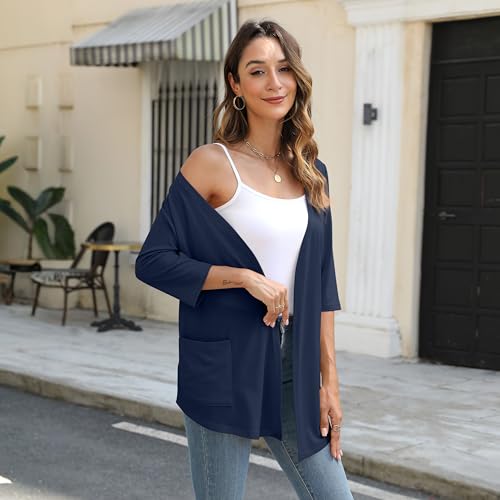 Cardigan for Women Loose Casual 3/4 Sleeve Open Front Breathable Cardigans with Pockets Solid Color3