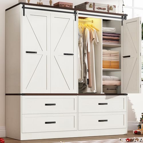 Farmhouse 4 Doors Armoire Wardrobe Closet w/Folding Sliding Barn Door