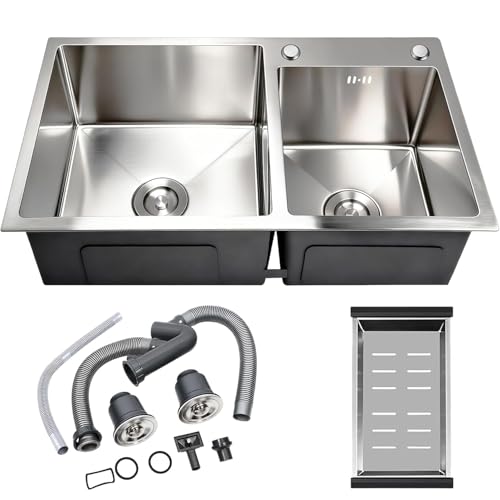 Vivrhintty 30-inch Kitchen Sink, Double Bowl Drop-in/Top-Mount 304 Stainless Steel with Nano Coating, Includes Drain Assembly & Fruit Basket for Modern Kitchen (30.7" x 16.9")