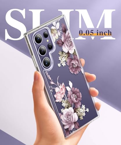 Image of Elzzi Clear Transparent Flower Cover for Samsung S24 Ultra 5g Case Shockproof Case Floral Design Camera Protection Shockproof PC+TPU Transparent Flower Cover for Girls & Women 2024 6.8 inch (Deep Purple)