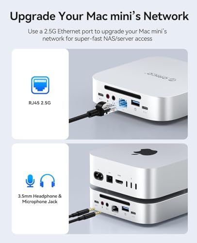 Image of ORICO MiniLink Mac mini M4 Dock & Stand, 2 x 10Gbps USB 3.2 Ports, 10Gbps USB C, USB A 3.0, 2.5G Ethernet Port, SD /TF, 3.5mm Headphone & Microphone Jacks, Compatible with Mac mini M4 /M4 Pro (M48PR)