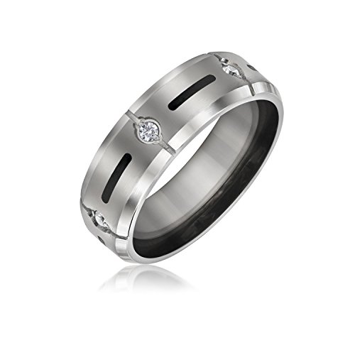 Bling Jewelry Black Inlay AAA CZ Cubic Zirconia Accent Silver Tone Mens Titanium Wide Wedding Band Ring for Men 8MM