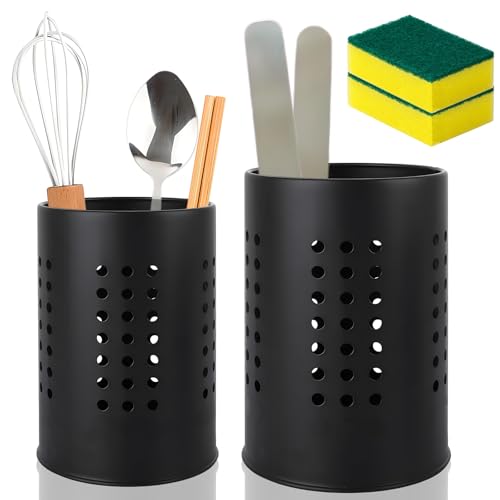Set of 2 Black Stainless Steel Kitchen Utensil Holders and Cleaning Sponges, Cutlery Drainer for Sink, Organiser for Easy Access to Kitchen Tools