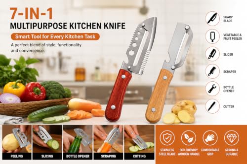 Image of Multi-Functional Stainless Steel Vegetable Peeler with Wooden Handle & Bottle Opener Single Blade Peeler for Fruits & Vegetables Sharp & Easy-Grip Kitchen Tool (7 in !)