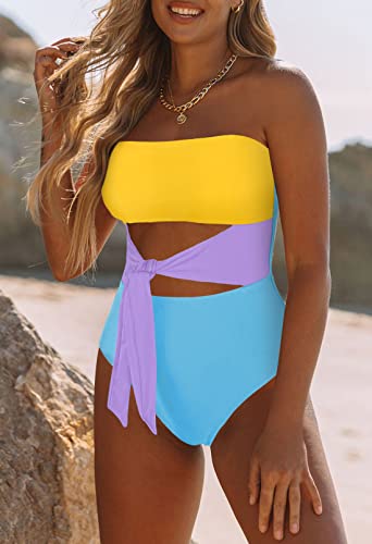 Image of Viottiset Women's Bandeau One Piece Swimsuit Strapless Tie High Cut Out Bathing Suit