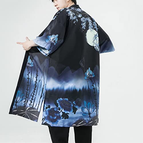 Image of Seidarise Men's Haori, Long Kimono Cardigan Jacket Japanese Style Flying Crane Seven Sleeves Open Front Coat