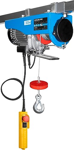 Güde 1706 Elektrischer Seilzug GSZ 200/400 (750 W, GS-geprüft, max. Hubkraft ohne/mit Umlenkrolle 200/400 kg, inkl. 12 m Seil, Bedienelement mit Notausschalter, Sicherheitshaken, Montage ohne Bohren)