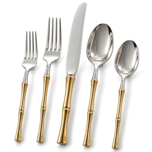 Godinger 20‑Piece Stainless Steel Silverware Set, Flatware Utensil Set for 4, Bamboo, Gold Mirror, 18/10