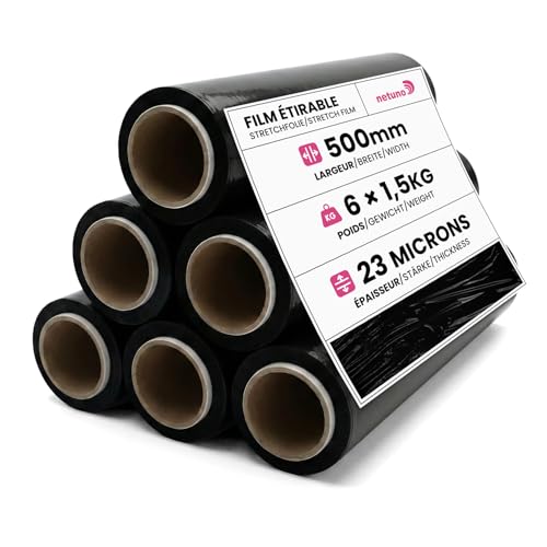 Netuno 6 rouleaux de film étirable noir 23 microns 500mm 1,5kg film pour palettes emballage étirable rouleau de plastique extensible pour emballer colis protection plastique emballage déménagement