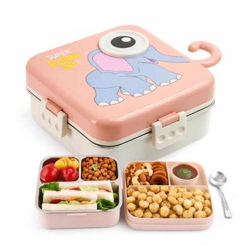 Image of PRIME DEALS BPA-Free Leak-Resistant Stainless Steel Insulated Tiffin for School with Spoon Elephant Lunch Box for Kids Bento Box with Tray & Container | 1120ml + 70ml (Pink, Elephant)