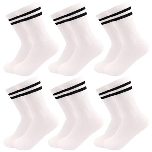 Image of 6 Pairs Solid Color Retro Striped Crew Socks for Women Girls | Soft Cotton Blend, Breathable & Comfortable Novelty Everyday Ribbed Quarter Socks