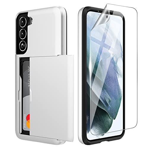 Zuslab Coque Portefeuille Compatible avec Samsung Galaxy S22 2022, Étui pour Téléphone avec Porte-Cartes, Case Antichoc Anti-Rayures, avec Protecteurs D'écran en Verre Trempé [1 Pack] Blanche Cover