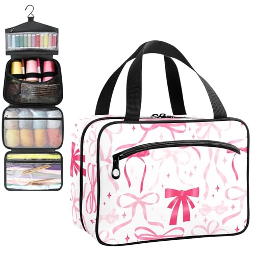YNNALE Sewing Supply Organizer Bag, Pink Bowknot Cute Pattern Preppy Bow Portable Sewing Bags with Pockets&Hanger, Sewing Storage Box Case for Sew Supplies/Kit/Tools/Accessories (BAG ONLY)