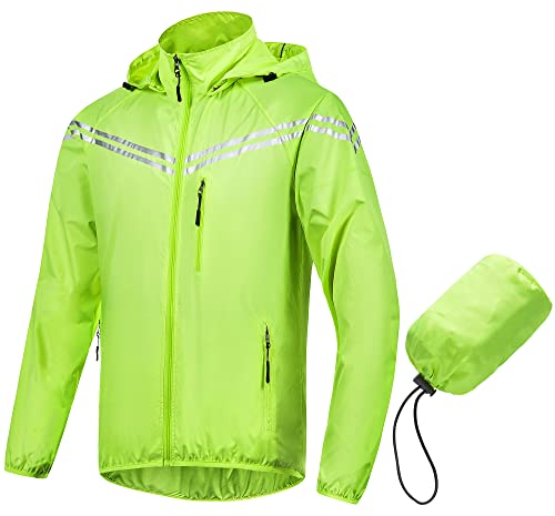 Image of CREATMO US Men's Packable Waterproof Running Rain Coats Reflective Cycling Jacket Windbreaker With Removable Hood