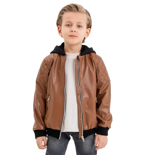 Boys Leather Jacket with Hoodie, Faux Leather Jacket for Kids, Zipper Closure Boys Leather Jacket