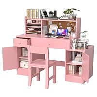RUPOLX Pink Wooden Kids Desk and Chair Set,Kids Study Table and Chair Set with 2 Drawers & 4 Cabinets,Kids Study Desk with Closable Large Storage Cabinet,Girls Study Desk for Kid for Bedroom-SabG8T