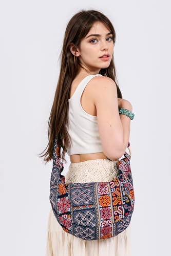 Image of Hobo Crossbody Bag for Women - Handmade Cotton Boho Purse with Wooden Ring | Lightweight Slouchy Shoulder Sling Tote Bag