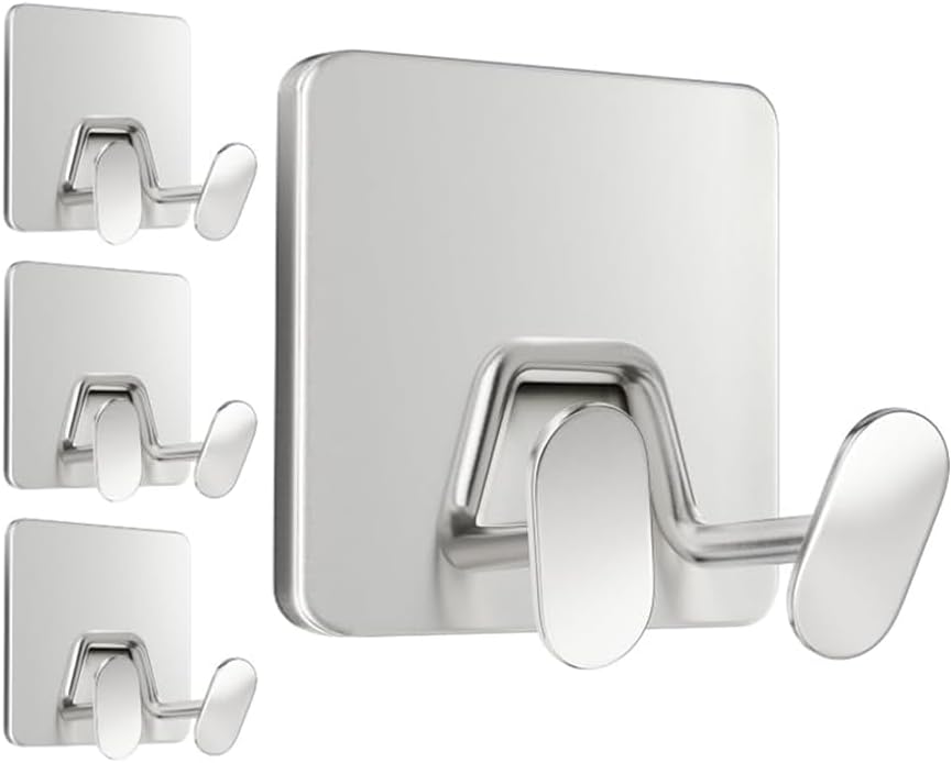 Adhesive Shower Hooks for Inside - Extra Sticky Stainless, Razor Holder Shower Accessories, Wall Mounted Self-Adhesive Double Hooks for Razor, Loofah, Towel, Shaver, Coat, Key, Silver, 4-Pack