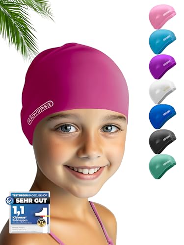 KIDVERSE Badekappe Kinder wasserdicht - Schwimmhaube Kinder mit Anti-Rutsch-Noppen - Badekappen für Schwimmer mit UV Schutz - Schwimmhaube Mädchen - Reißfeste Badehauben in verschiedenen Größen