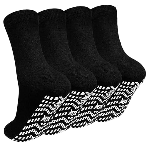 CaiDieNu Non Slip Grip Socks for Men: Anti-Skid Crew Grippy Socks with Gripper for Elderly Hospital Slipper Yoga Pilates Black L