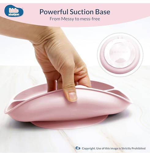 Image of Kids Station 3 Piece BPA-Free Silicone Baby Feeding Set - Baby Plate - Spoon and Bowl - Make Mealtime Fun - Microwave Safe - Unbreakable Eco-Friendly - Organic & Natural (Plate (Set of 3), Light Pink)