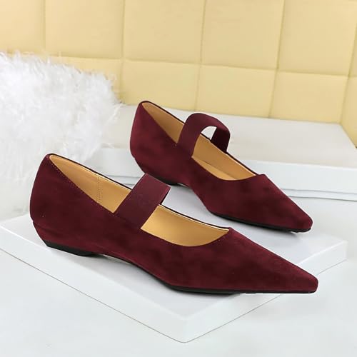 Women's Suede Pointed Toe Mary Jane Walking Shoes Elastic Band Elegant Lightweight Ballet Flats Casual Comfortable Low Wedge Dress Shoes4