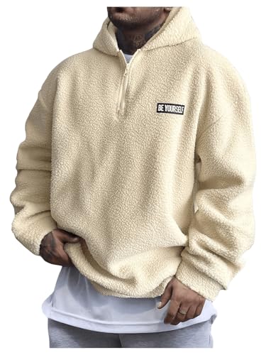 Floerns Men's Letter Patch Long Sleeve Drop Shoulder Quarter Zip Teddy Hoodie Sweatshirts