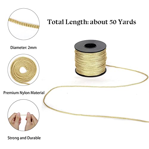 Bel Avenir Nylon Satin Cord, 2Mm 50 Yards Braided Lift Shade Cord For Necklace Bracelet String Cord, Blind Shade, Trim And Shoelaces (Gold) #TOP1
