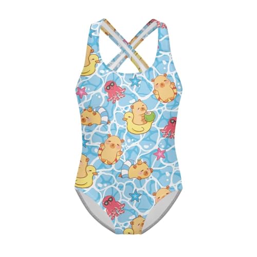 Image of Girls One Piece Swimsuits Teens Sleeveless Back Cross Strap Bathing Suit Kids Quick Dry Cute Beach Swimwear(5-14)