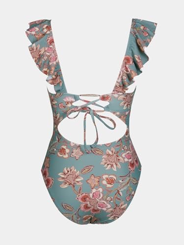 CUPSHE Women's Ruffled One Piece Swimsuit V Neck Lace Up, M