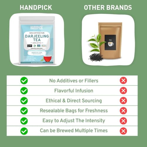 Image of HANDPICK, Darjeeling Tea Loose Leaf (85g /3oz) +40 Cups | Non-GMO, Med Caffeinated, Pure Darjeeling Black Tea Loose Leaf | Resealable Ziplock Pouch
