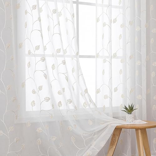 VISIONTEX Beige Sheer Curtains Decorative Embroidered Leaf 63 Inches Long