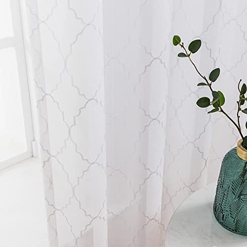 Miniatura 5 de Miulee Cortinas Bordadas Translucida De Dormitorio Visillos De Habitación Con 8 Anillas Poliéster Dedoración Moderna Para Ventana Salón Cuarto Comedor Cocina 140x160cm 2 Hojas Geometría Blanco