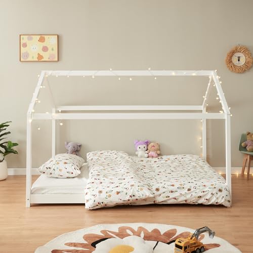 [en.casa] Children's House Bed Cerro - Youth Bed With Slatted Frame, Montessori Style, Made of Solid Pine, 140x200cm, White - Image 2