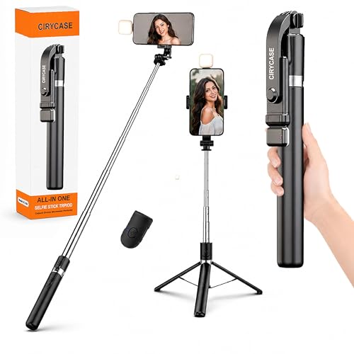 Image of CIRYCASE Selfie Stick Tripod with Light, 67 inch /170CM Reinforced Tripod for Mobile Phone, Multi-Functional Bluetooth Long Selfie Stick for Travel,Vlogging,Compatible with iPhone and All Phones